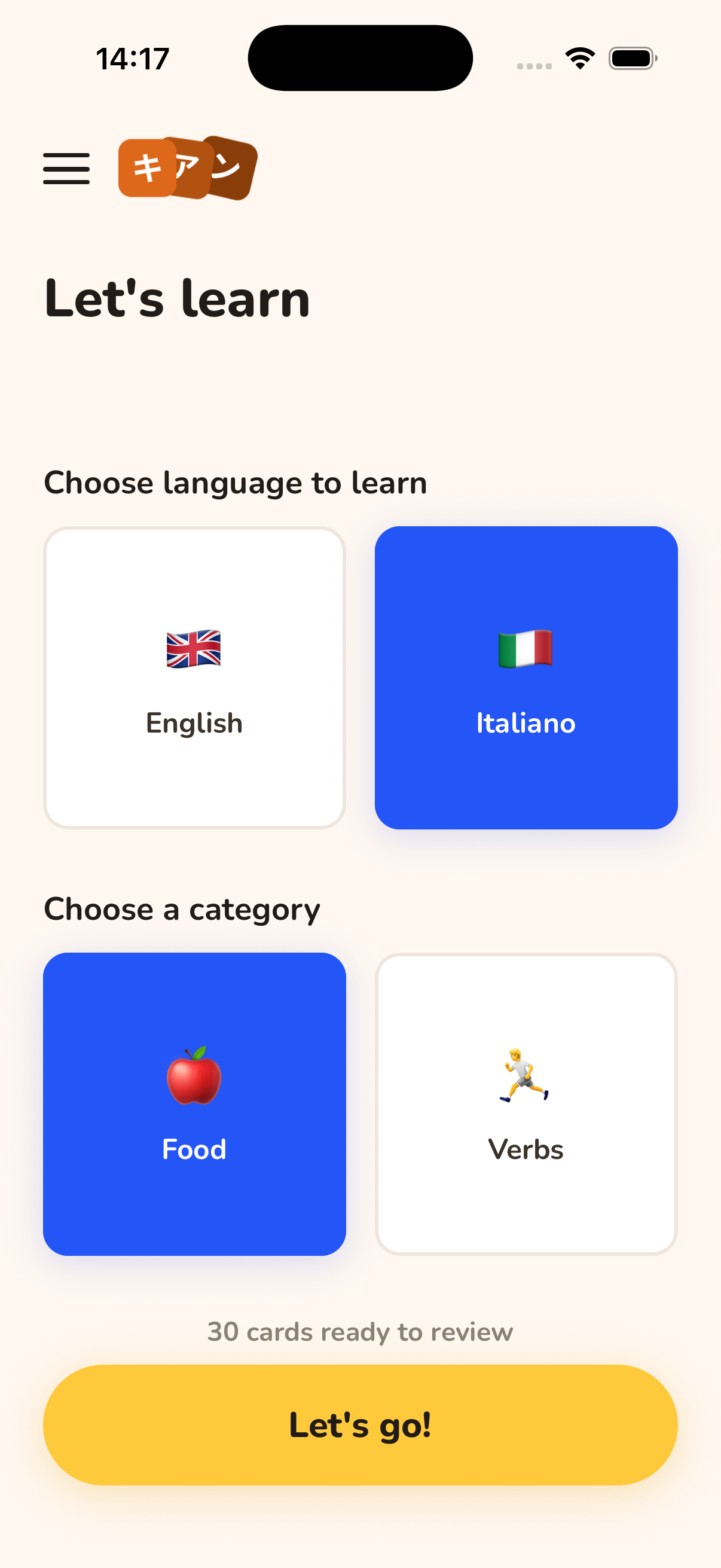 Kian Flash Cards: choosing a language and category to study
