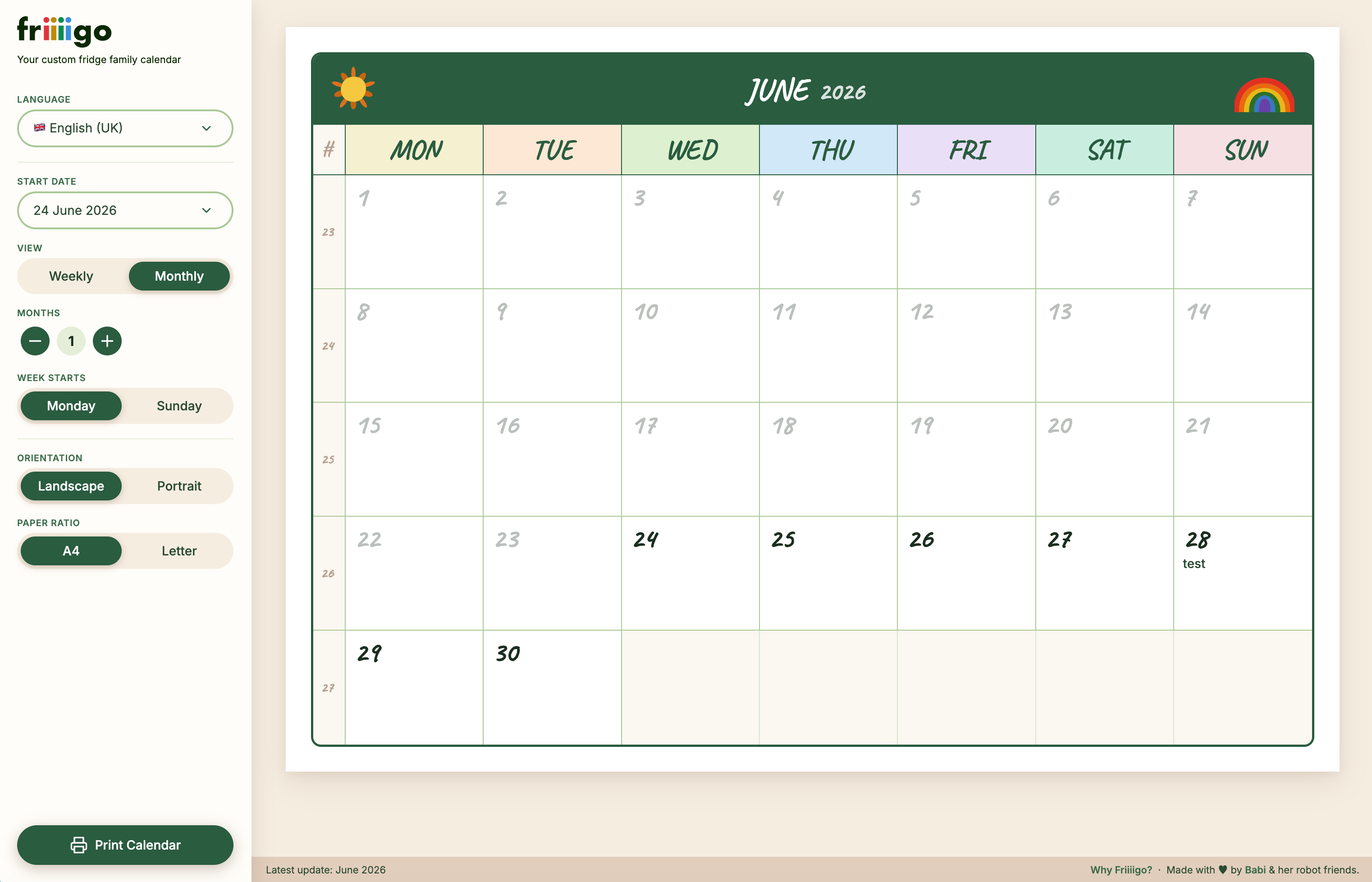 Friiiigo: a monthly calendar view with the day cells filled in, alongside controls for language, view, orientation and paper size