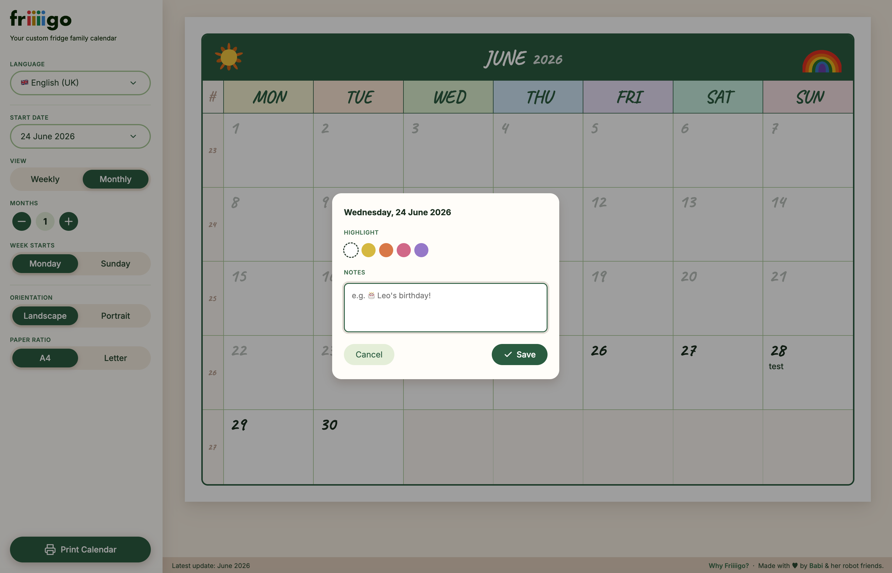 Friiiigo: a dialog for a single day with colour highlight swatches and a notes field, over the monthly calendar